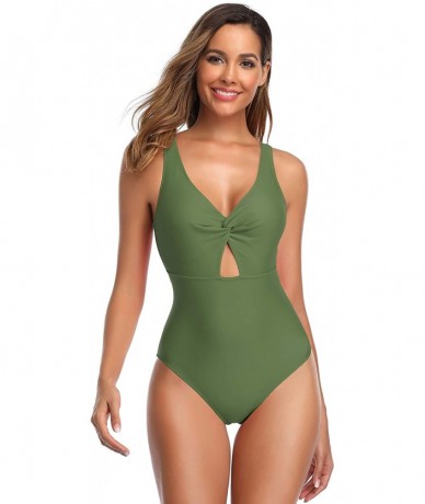 One-Pieces Womens Twist Front One Piece Swimsuit Deep V Neck Monokini Bathing Suits - Olive Green - CK18UQU6GZM $42.73