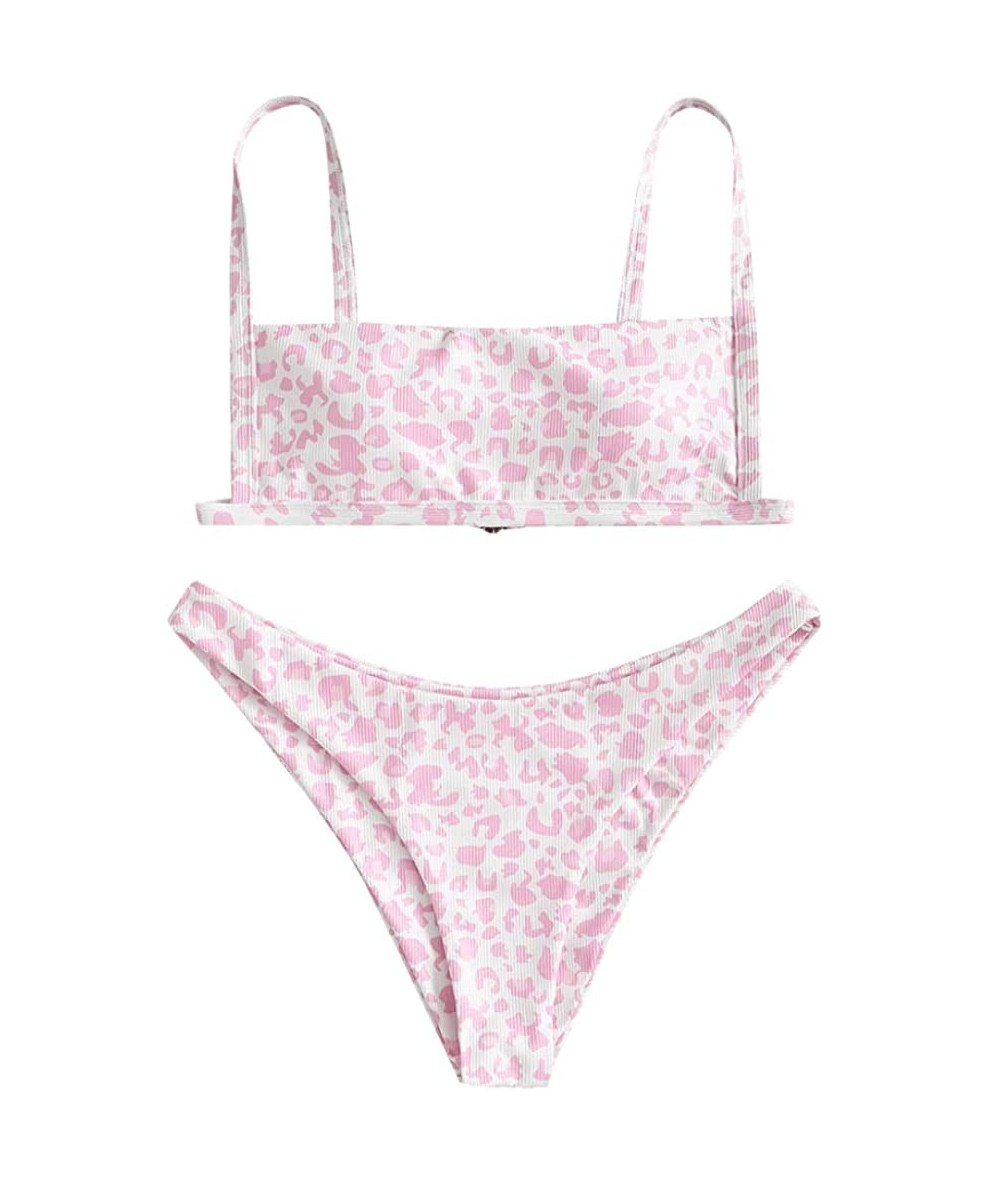 Sets Women's Ribbed Square Neck Padded High Cut String Bikini Set Swimsuit - B-white-pink - C0198XX336L $37.22