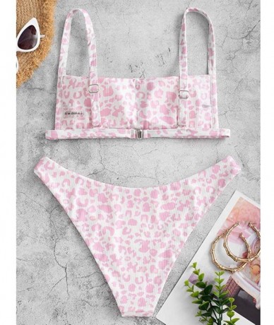 Sets Women's Ribbed Square Neck Padded High Cut String Bikini Set Swimsuit - B-white-pink - C0198XX336L $37.22