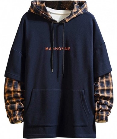 Rash Guards Men Plaid Patchwork Hooded SweatshirtLong Sleeve Print Pullover Tops With Pockets - Dark Blue - CX193W3EQ6S $57.33