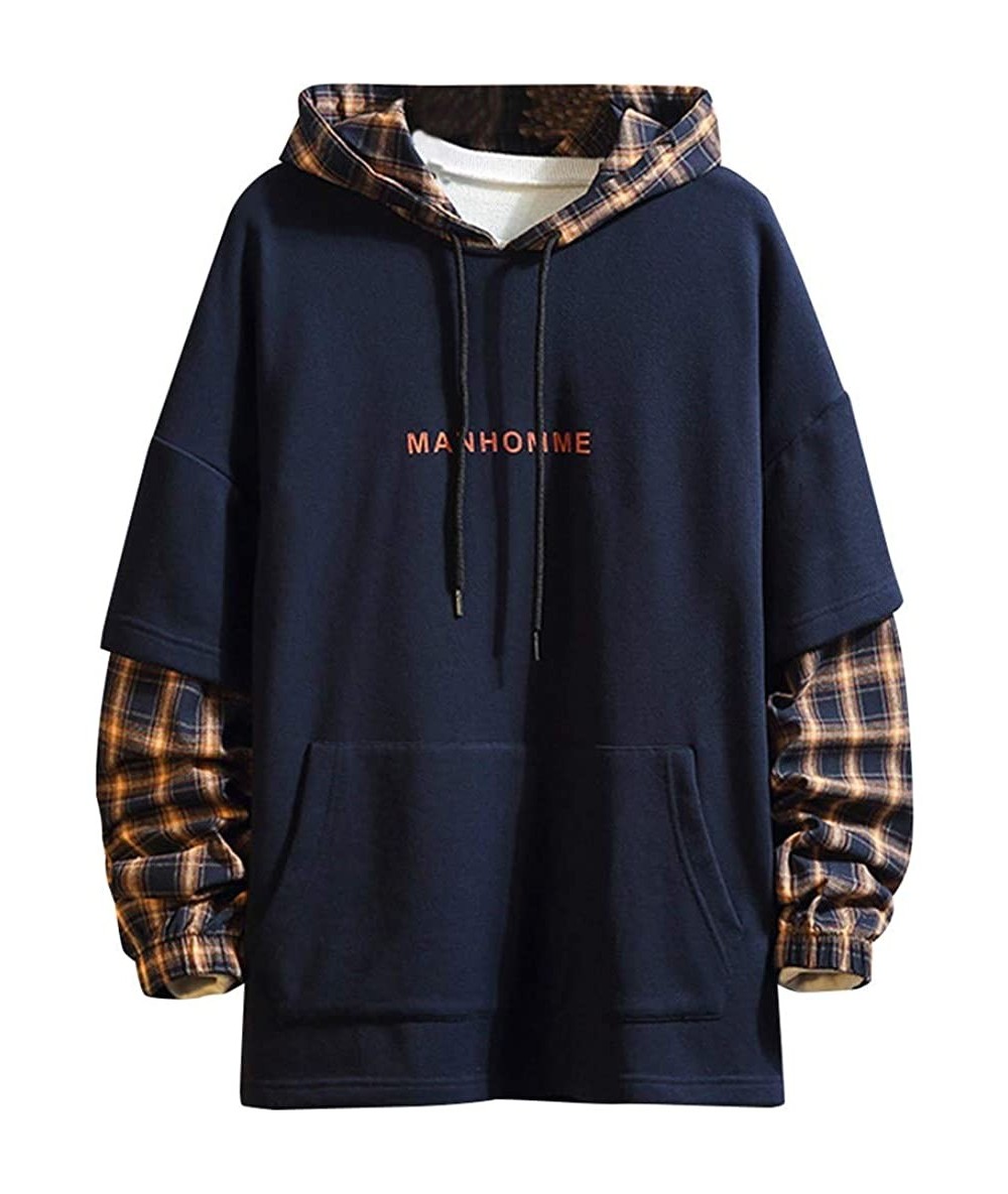 Rash Guards Men Plaid Patchwork Hooded SweatshirtLong Sleeve Print Pullover Tops With Pockets - Dark Blue - CX193W3EQ6S $57.33