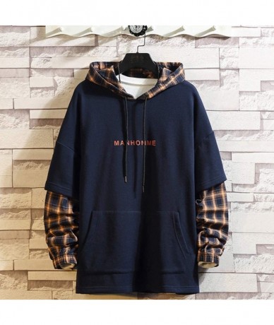 Rash Guards Men Plaid Patchwork Hooded SweatshirtLong Sleeve Print Pullover Tops With Pockets - Dark Blue - CX193W3EQ6S $57.33