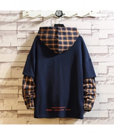 Rash Guards Men Plaid Patchwork Hooded SweatshirtLong Sleeve Print Pullover Tops With Pockets - Dark Blue - CX193W3EQ6S $57.33