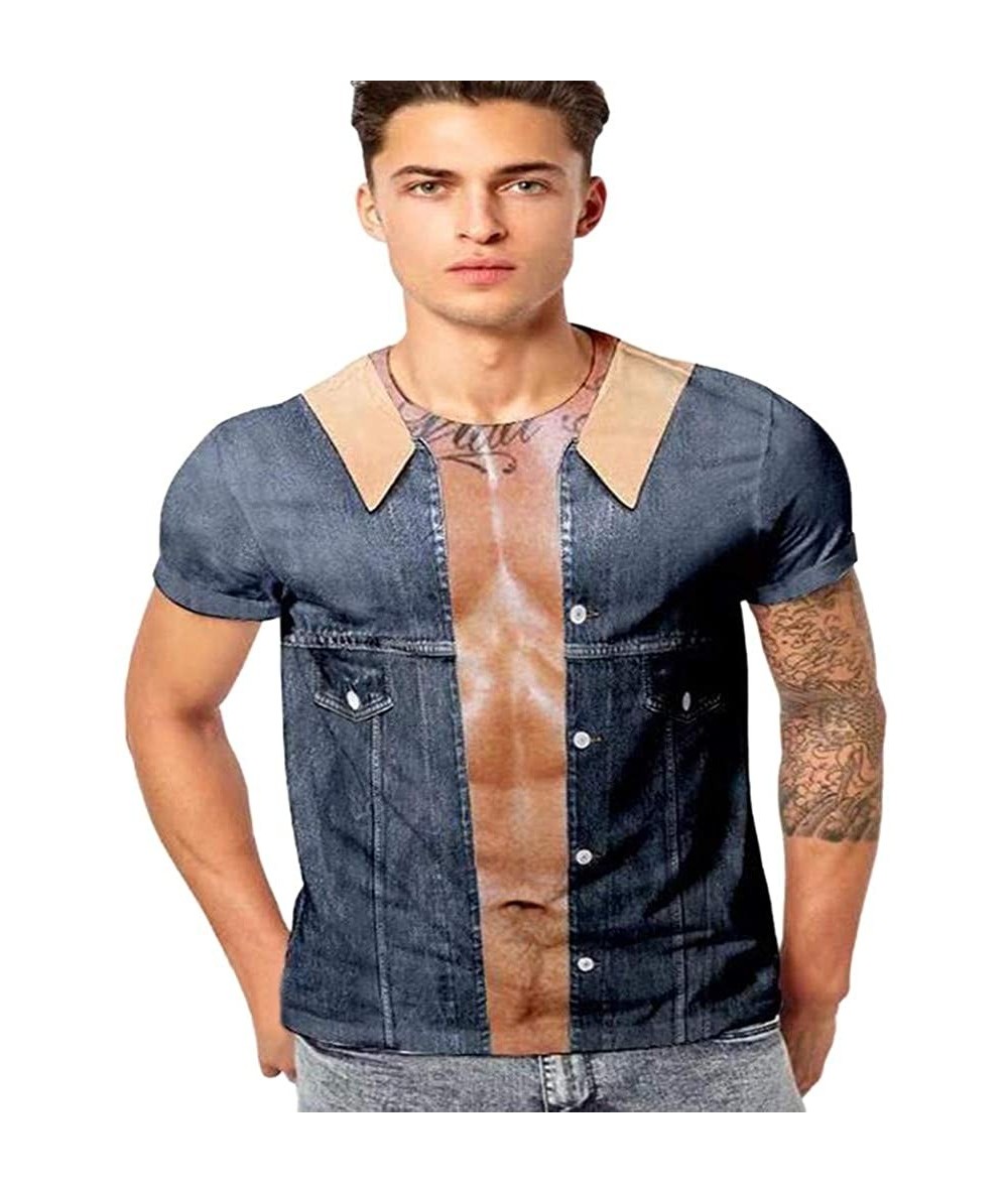 Bottoms Tops for Mens- Short Sleeve Casual 3D Printed Graphic Funny Muscle Fitness Elastic Party T-Shirts Tops - Brown7 - CB1...