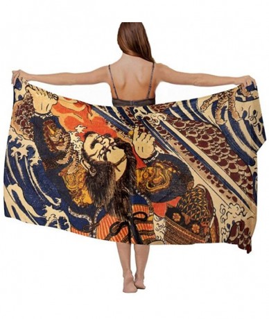 Cover-Ups Women Luxury Chiffon Swimwear Cover Up Oversize Beach Sarong Shawl Wrap Samurai Warrior Fighting Giant Salamander -...