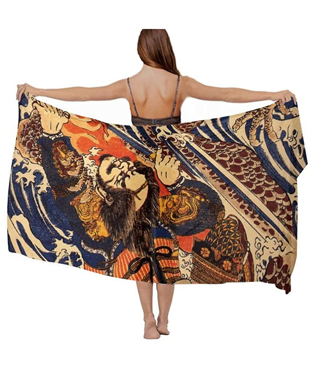 Cover-Ups Women Luxury Chiffon Swimwear Cover Up Oversize Beach Sarong Shawl Wrap Samurai Warrior Fighting Giant Salamander -...