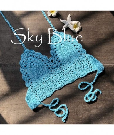 Sets Women's Summer Crochet Crop Sexy Bikini Top Knitting Swimsuit Padded Beachwear Lace Swimwear Bathing Suits Sky Blue - C4...