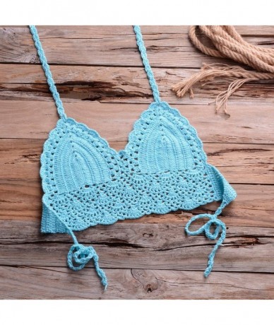 Sets Women's Summer Crochet Crop Sexy Bikini Top Knitting Swimsuit Padded Beachwear Lace Swimwear Bathing Suits Sky Blue - C4...