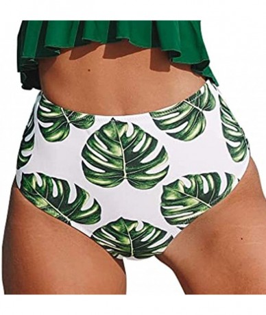 Bottoms Women's Retro High Waisted Bikini Bottom Ruched Shirred Swim Brief Short Tankinis - Green Leaves2 - CU18X4MWKCO $26.07