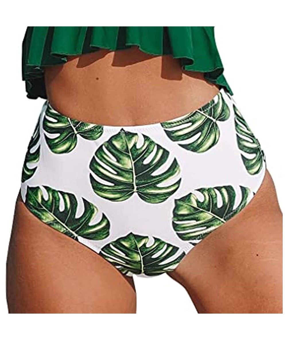 Bottoms Women's Retro High Waisted Bikini Bottom Ruched Shirred Swim Brief Short Tankinis - Green Leaves2 - CU18X4MWKCO $26.07