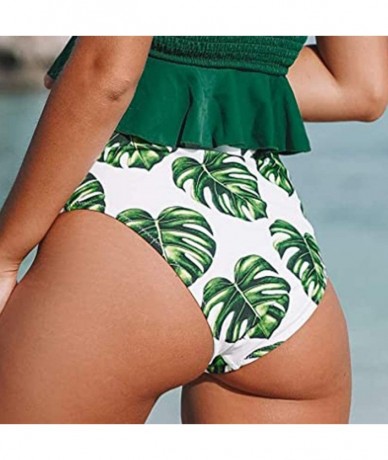 Bottoms Women's Retro High Waisted Bikini Bottom Ruched Shirred Swim Brief Short Tankinis - Green Leaves2 - CU18X4MWKCO $26.07