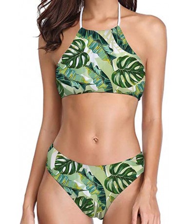 Sets Womens Forest Palm Leaves Sunflower Printing High Neck Halter Bikini Set Swimsuit XS-2XL - Pattern-17 - C9194RYQADK $44.03