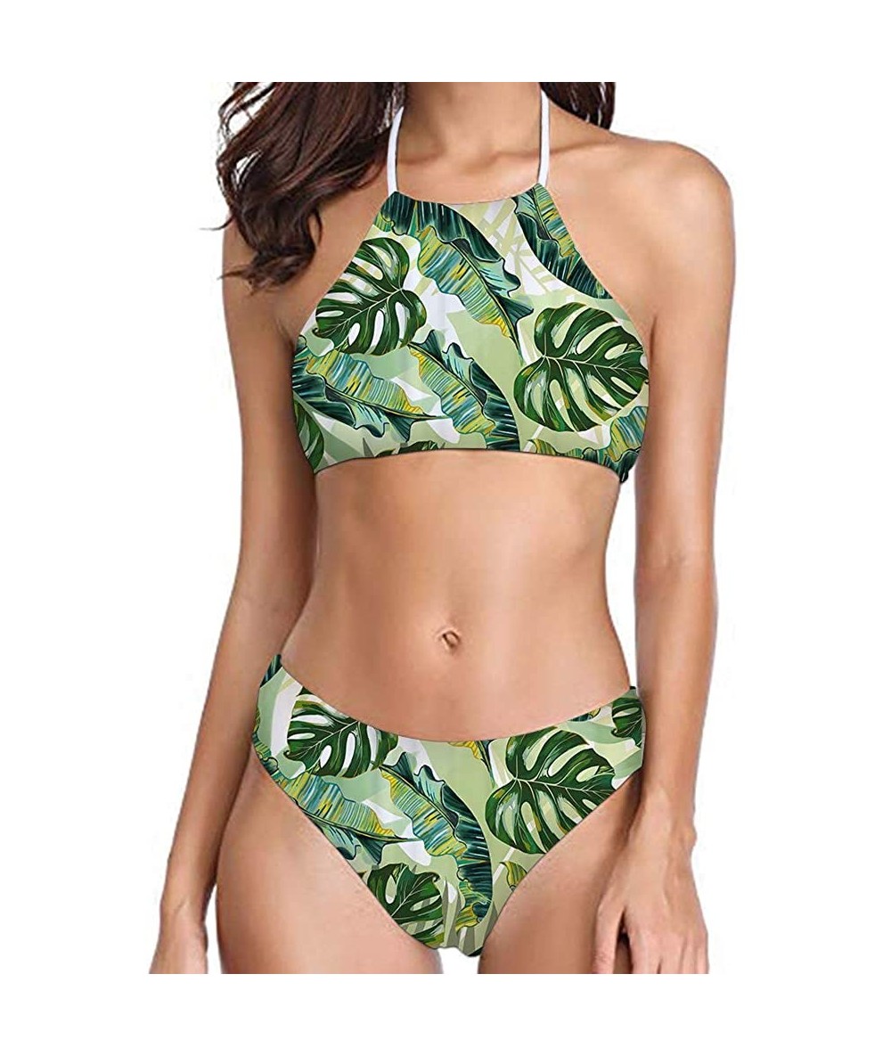 Sets Womens Forest Palm Leaves Sunflower Printing High Neck Halter Bikini Set Swimsuit XS-2XL - Pattern-17 - C9194RYQADK $44.03