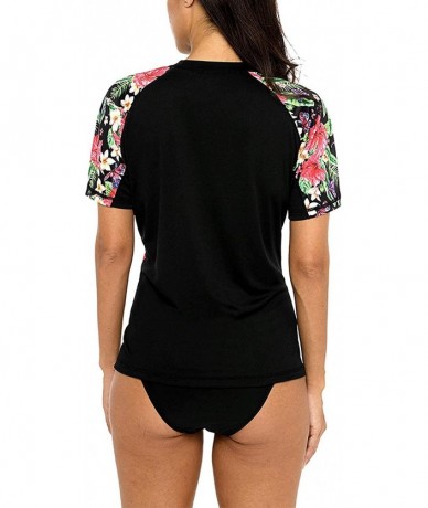 Rash Guards Women's UV Sun Protection Rash Guard Wetsuit Swimsuit Top Short Sleeve - Black Flower - CW18Z3O3KMH $41.50