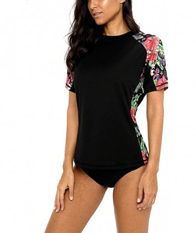 Rash Guards Women's UV Sun Protection Rash Guard Wetsuit Swimsuit Top Short Sleeve - Black Flower - CW18Z3O3KMH $41.50