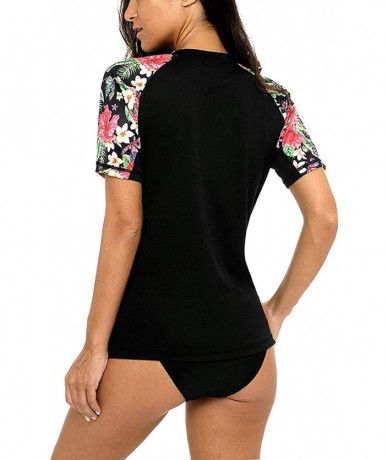 Rash Guards Women's UV Sun Protection Rash Guard Wetsuit Swimsuit Top Short Sleeve - Black Flower - CW18Z3O3KMH $41.50