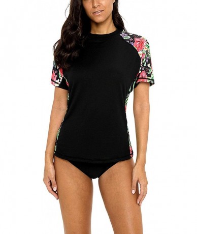 Rash Guards Women's UV Sun Protection Rash Guard Wetsuit Swimsuit Top Short Sleeve - Black Flower - CW18Z3O3KMH $41.50