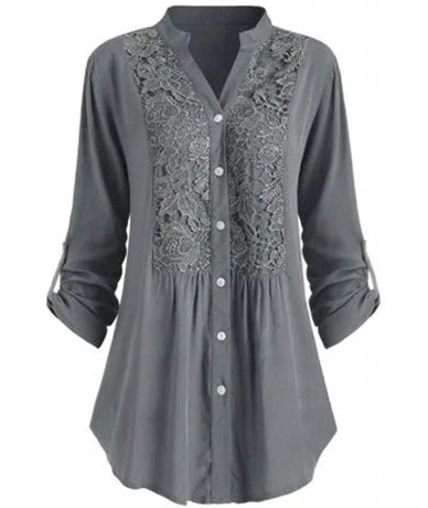 Rash Guards Womens T Shirt Ladies Plus Size Button Lace V Neck 3/4 Roll Sleeve Blous Tunic Tops - Gray - CO18ZMTERCC $32.24