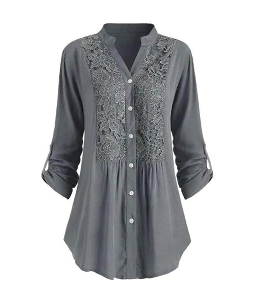 Rash Guards Womens T Shirt Ladies Plus Size Button Lace V Neck 3/4 Roll Sleeve Blous Tunic Tops - Gray - CO18ZMTERCC $32.24