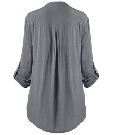 Rash Guards Womens T Shirt Ladies Plus Size Button Lace V Neck 3/4 Roll Sleeve Blous Tunic Tops - Gray - CO18ZMTERCC $32.24