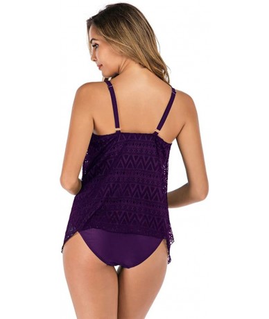 Racing Women's Two Piece Tankini Padded Swimsuit Monokini Push Up Lace Bikini Set Bathing Suit Swimwear Beachwear Purple - C1...