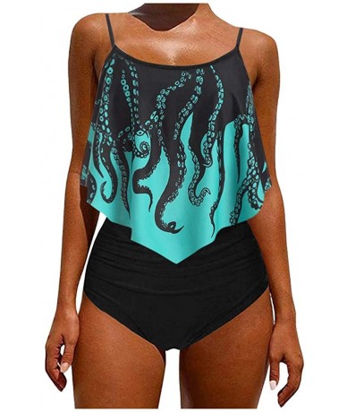 Sets Two Pieces Swimsuits for Women High Waisted Summer Print Bikini Top Ruffled with Cover up Bathing Suits - Green C - CI19...