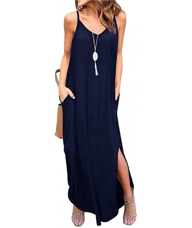 Cover-Ups Women's Summer Casual Stripe Sleeveless Loose Beach Maxi Dress - Navy Blue - CL18D8XW5ZO $41.03