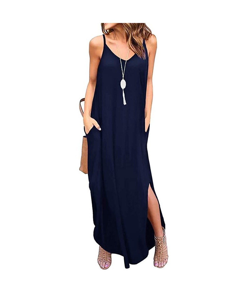 Cover-Ups Women's Summer Casual Stripe Sleeveless Loose Beach Maxi Dress - Navy Blue - CL18D8XW5ZO $41.03