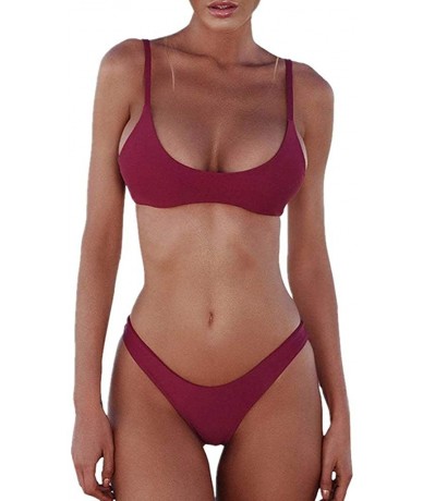 Sets Women's Two Piece Solid High Cut Push up Set Cheeky Retro Thong Padded Bikini Swimsuit - Red - C518R6RXUYQ $28.46