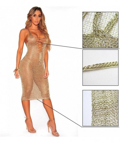 Cover-Ups Womens Bikini Cover Up- Sexy Crochet Hollow Out Beach Swimsuit Fishnet Cover Up Bathing Swimwear Dress - Gold - CZ1...