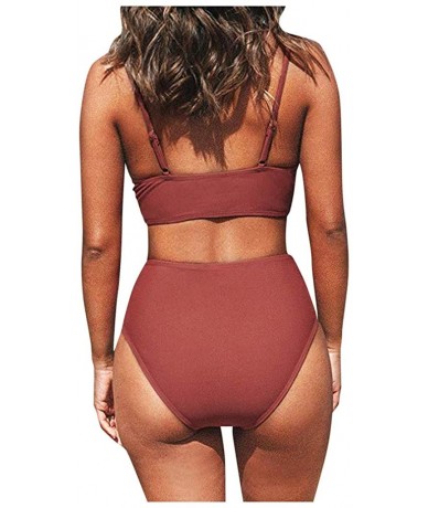 Sets Women's Swimsuits High Cut High Waisted Bikini Bottoms V Neck Push up Swim Tops Two Piece Bathing Suits - Red - CK190C24...