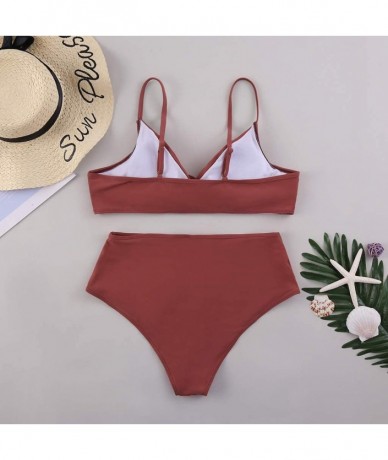 Sets Women's Swimsuits High Cut High Waisted Bikini Bottoms V Neck Push up Swim Tops Two Piece Bathing Suits - Red - CK190C24...