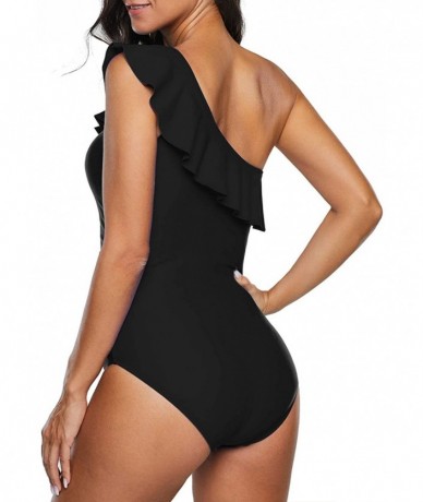 One-Pieces Women's One Piece Swimsuits One Shoulder Ruched Ruffle Monokini Bathing Suits - Black - CM18NNECSQK $50.17