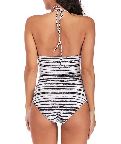 One-Pieces Striped Vintage One Piece High Neck V-Neckline Mesh Ruched Monokini Swimwear - Black - CG18T7QHRWO $29.49