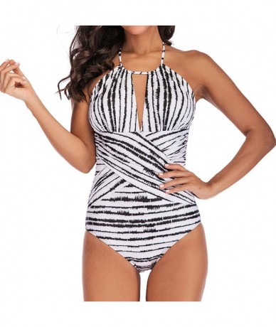 One-Pieces Striped Vintage One Piece High Neck V-Neckline Mesh Ruched Monokini Swimwear - Black - CG18T7QHRWO $29.49