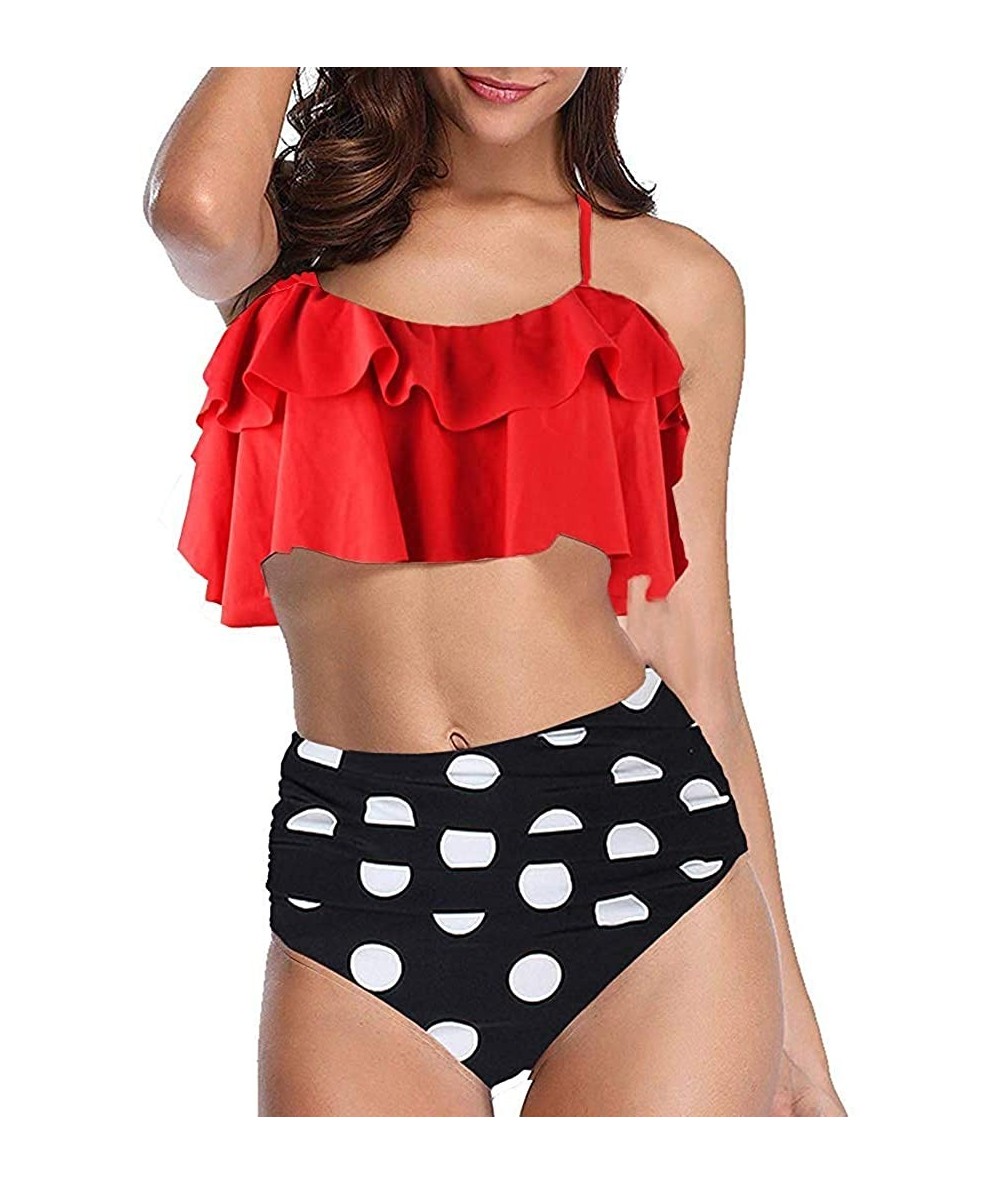 Sets Women's Retro Flounce High Waisted Bikini Set Halter Neck Ruched Tummy Control Bathing Suits Two Piece Swimsuit - Style ...