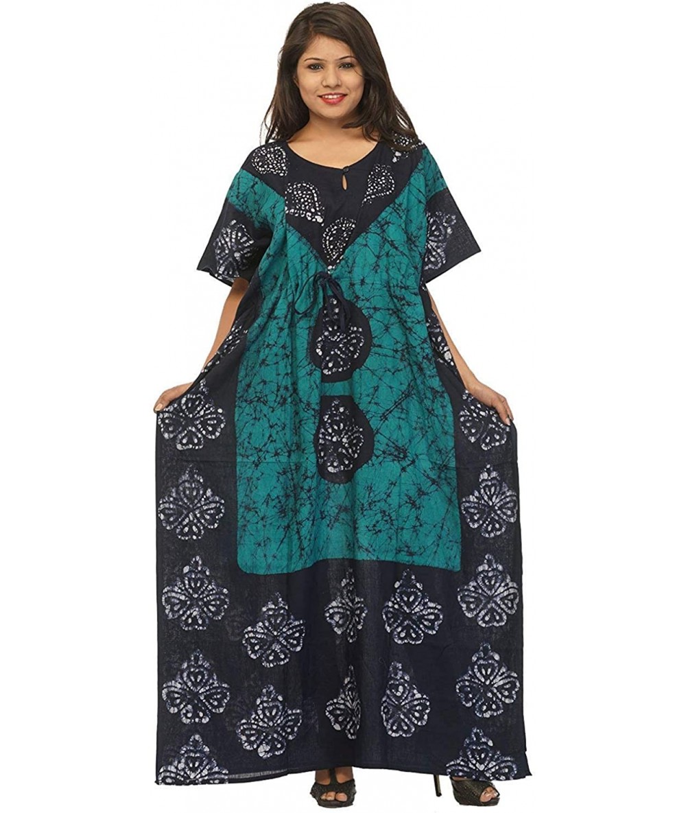 Cover-Ups Women's Ethnic Print Kaftan Maxi Dress Summer Beach Dress Cover Up - Turquoise-black - CD18RELC6MS $43.76