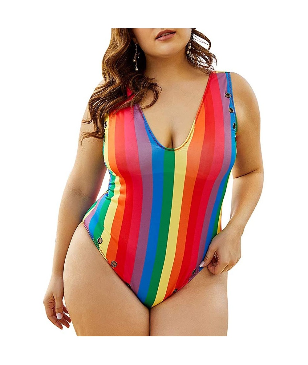 One-Pieces Womens Sexy Push-Up Padded Tankini Tummy Control Athletic Nautical Swimsuit Bathing Suit Monokini - Plus-rainbow -...