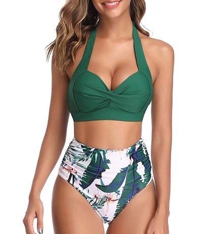 Sets Women's Two-Piece Swimsuit High Waist Bikini Set with Fashional Print - Dark Green - CS194U950QZ $23.25