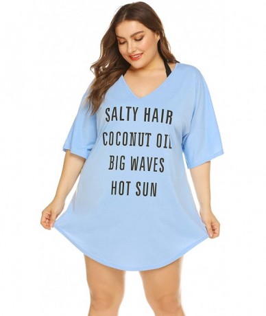 Cover-Ups Women Plus Size Swimwear Baggy T-Shirts V Neck Letters Print Swimwear Bikini Beach Cover up - Clear Blue - CK18QR2E...