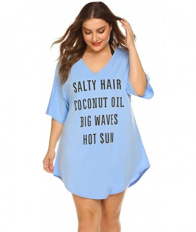 Cover-Ups Women Plus Size Swimwear Baggy T-Shirts V Neck Letters Print Swimwear Bikini Beach Cover up - Clear Blue - CK18QR2E...