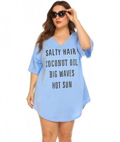 Cover-Ups Women Plus Size Swimwear Baggy T-Shirts V Neck Letters Print Swimwear Bikini Beach Cover up - Clear Blue - CK18QR2E...