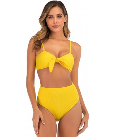 Sets Women's Sexy Tie Knot Front Bandeau Padded High Waisted Bikini Two Piece Swimsuits - Yelllow - CM198O97LLU $35.74