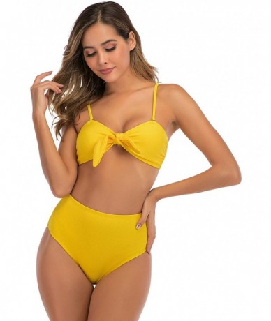 Sets Women's Sexy Tie Knot Front Bandeau Padded High Waisted Bikini Two Piece Swimsuits - Yelllow - CM198O97LLU $35.74