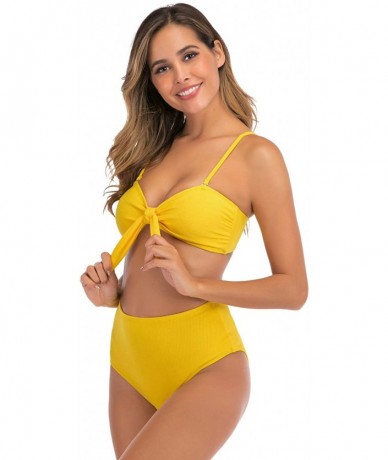 Sets Women's Sexy Tie Knot Front Bandeau Padded High Waisted Bikini Two Piece Swimsuits - Yelllow - CM198O97LLU $35.74