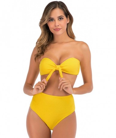 Sets Women's Sexy Tie Knot Front Bandeau Padded High Waisted Bikini Two Piece Swimsuits - Yelllow - CM198O97LLU $35.74