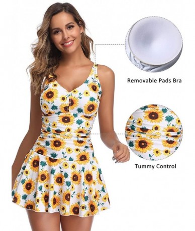 One-Pieces Women's Plus Size Floral Swimdress Tummy Control One Piece Swimsuit - Sunflower - CH18XQ9KEDU $51.49