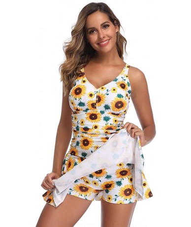 One-Pieces Women's Plus Size Floral Swimdress Tummy Control One Piece Swimsuit - Sunflower - CH18XQ9KEDU $51.49