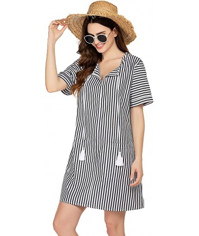 Cover-Ups Womens Beach Cover Ups Shirt with Pockets Striped Beachwear Swimsuit Coverup Tassel Neck Tie Bikini Beach Dress Bla...