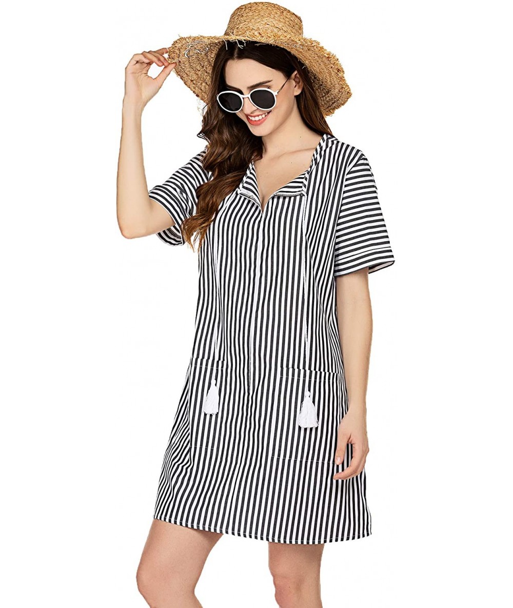 Cover-Ups Womens Beach Cover Ups Shirt with Pockets Striped Beachwear Swimsuit Coverup Tassel Neck Tie Bikini Beach Dress Bla...